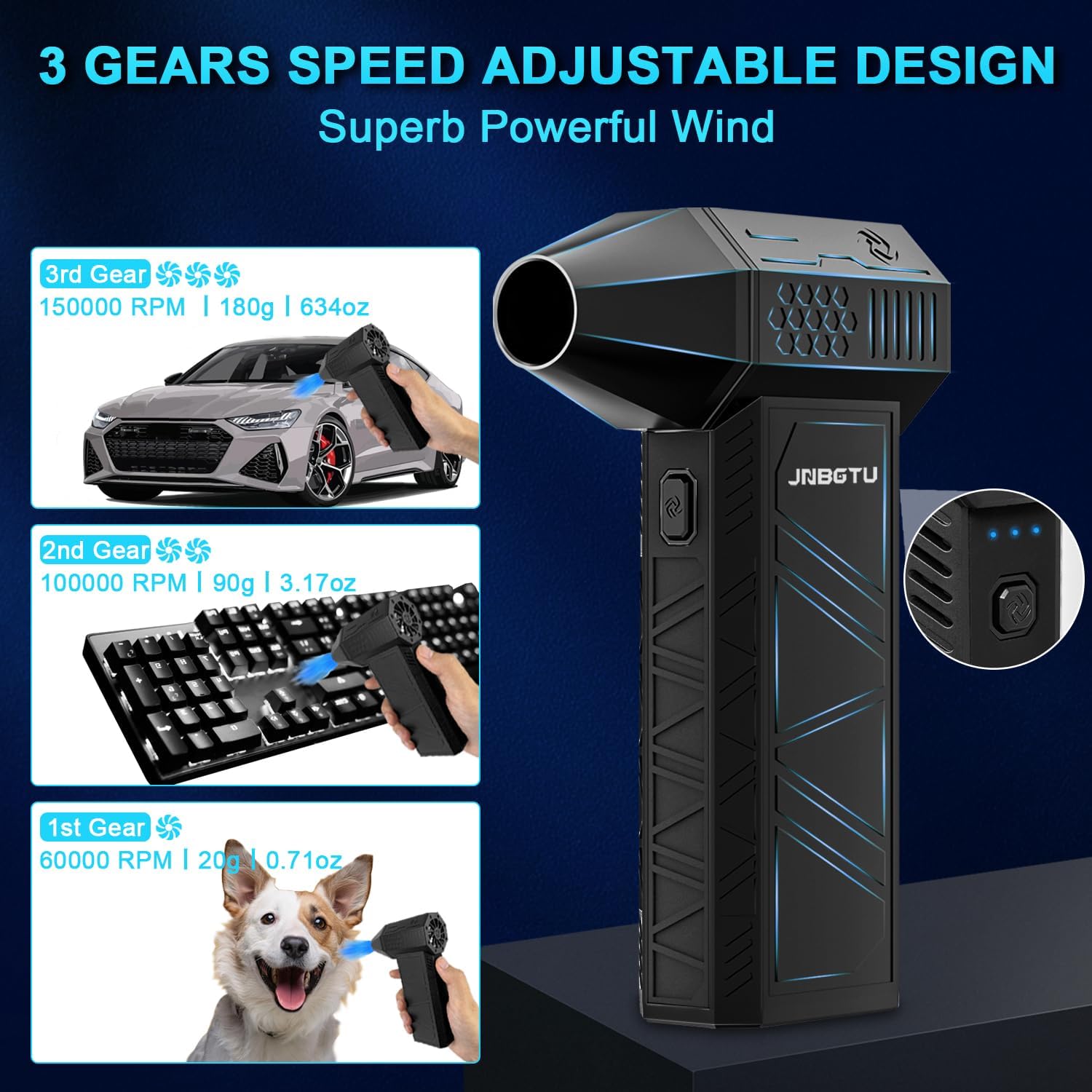 

Пылесос сжатого воздуха 16-в-1 - Электрический пылесос 150000 об/мин - Беспроводной перезаряжаемый высокоскоростной воздуходув - 3-ступенчатый регулируемый воздуходув Jet Dry для F31 PRO