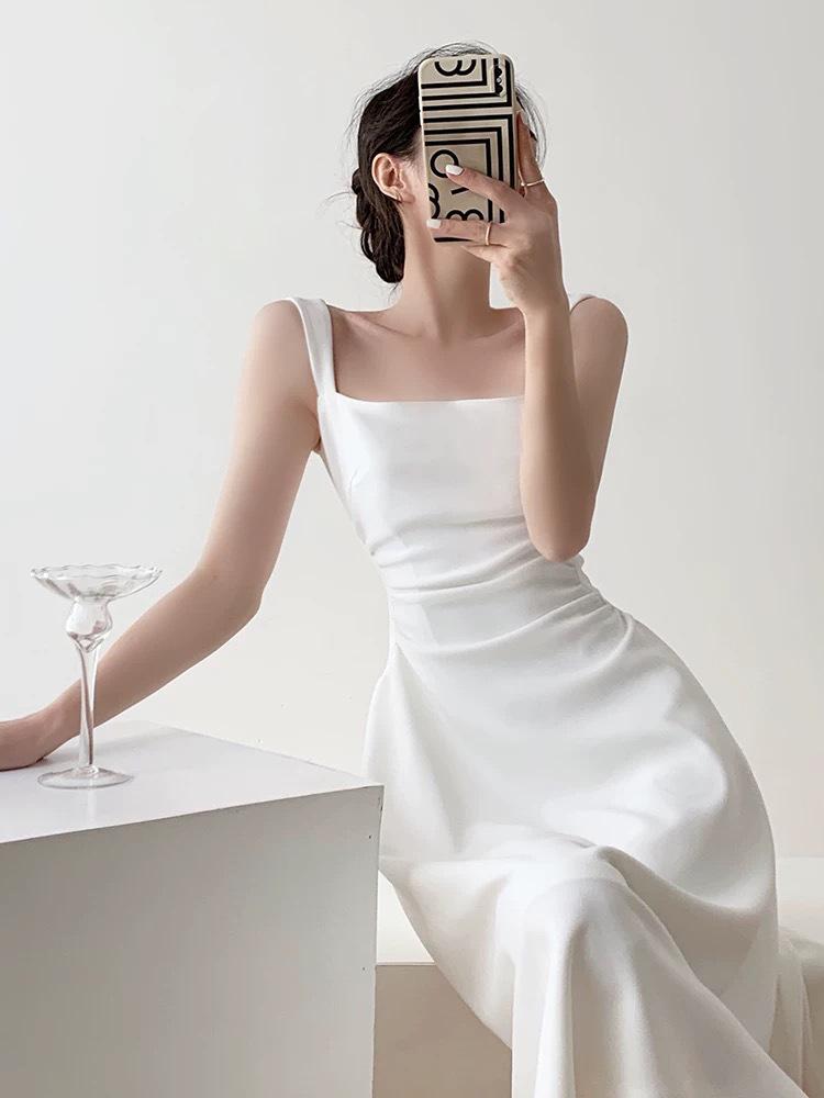 Women's Solid Color Waist-Cinching Short-Sleeved Dress for Summer Graduation, Engagement Party, and Everyday Wear