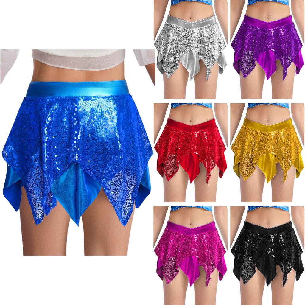 Girls Jazz Dance Costume Sparkly Sequins Metallic Asymmetric Skirt Performance Dancewear