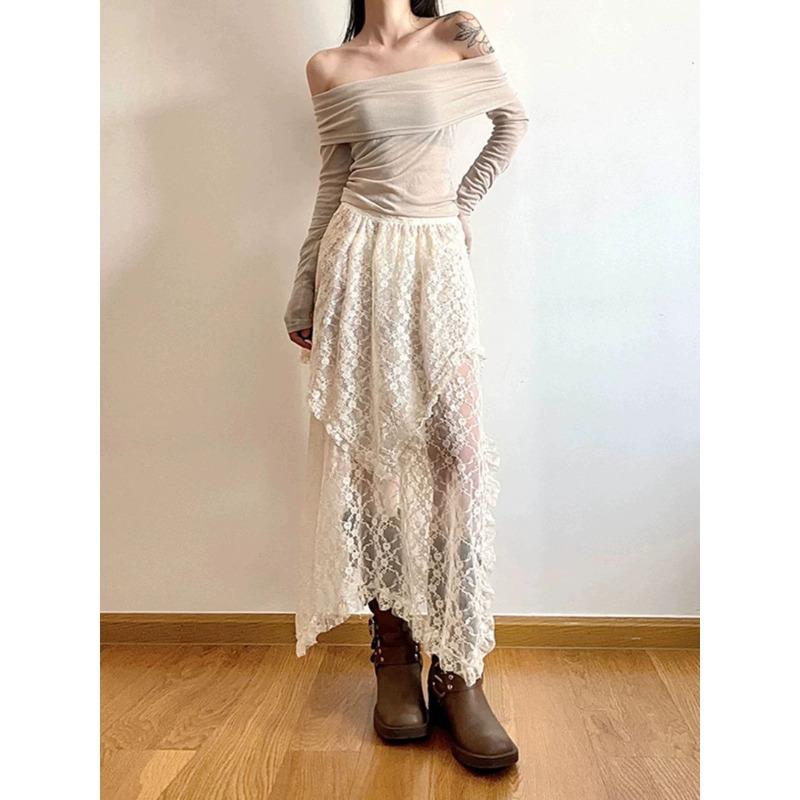 Fustă Asimetrică din Dantelă, Stil Boem, la Modă, cu Talie Înaltă, Nouă, Lungime A-line Irregulară