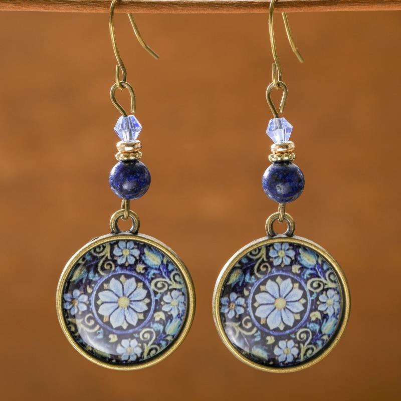 Böhmischer Ethnischer Stil Blumenmuster Runde Platte Damenohrringe Vintage Schmuck Feiertagsjubiläum Geschenk Zubehör