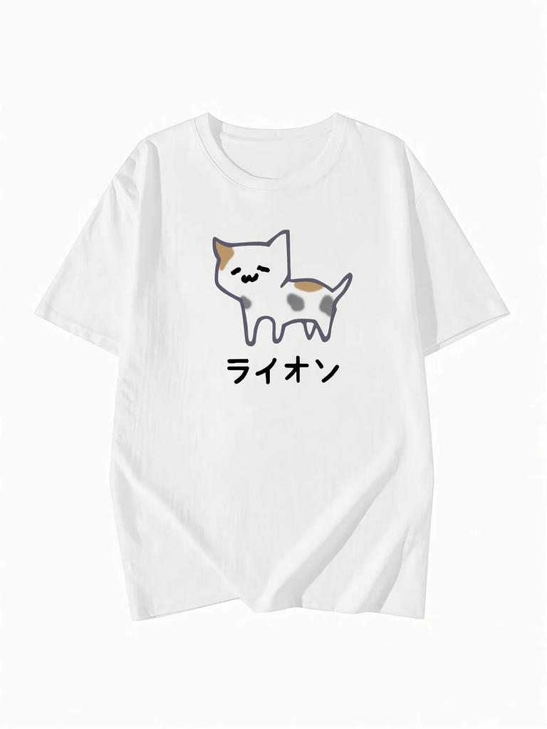 Summer Womens Japanese Cartoon Cat Print TShirt Cute Kitten Design Oneck Short Sleeve Breathable Tops Women Clothing