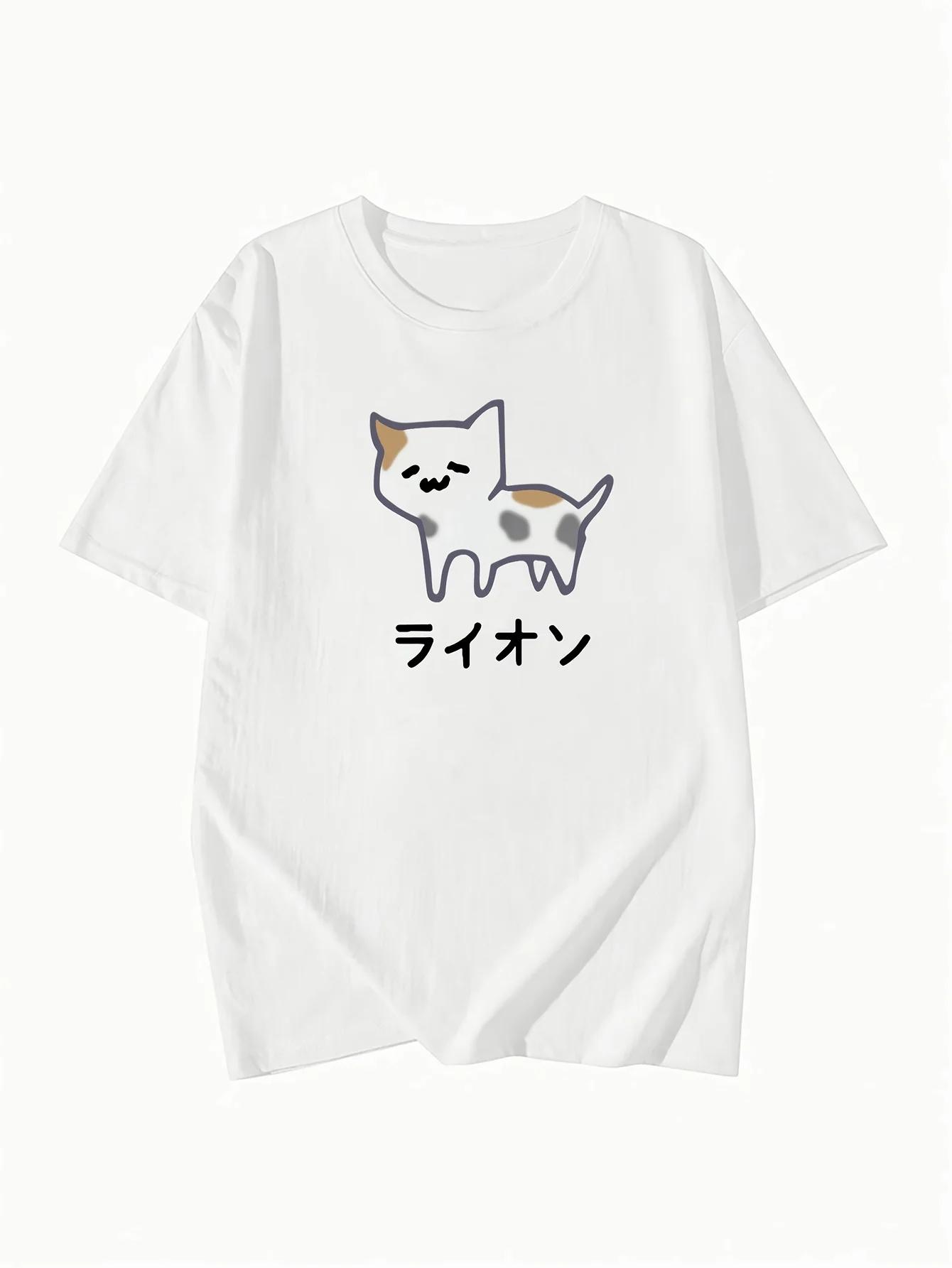 

Summer Womens Japanese Cartoon Cat Print TShirt Cute Kitten Design Oneck Short Sleeve Breathable Tops Women Clothing 3XL