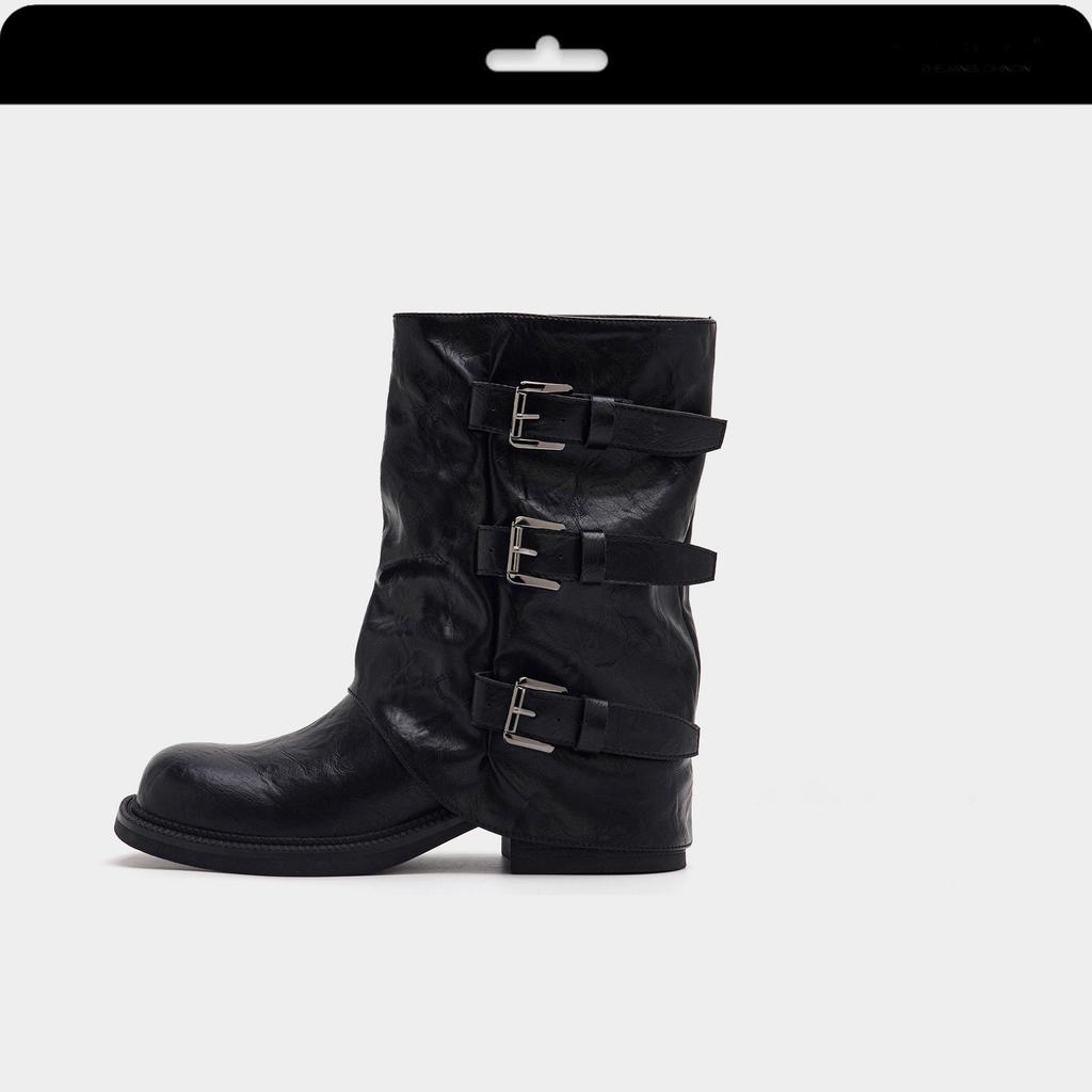 Thick-soled Belt Buckle Pleated Medium Boots Women's 2025 Autumn and Summer New Western Cowboy Short Boots Martin Boots Pant Tube Boots