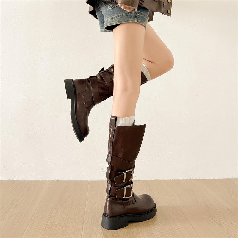 Queen Fan Brown British Thick Heel Boots Children's Boots 2025 New Autumn Height Increasing Knight Boots