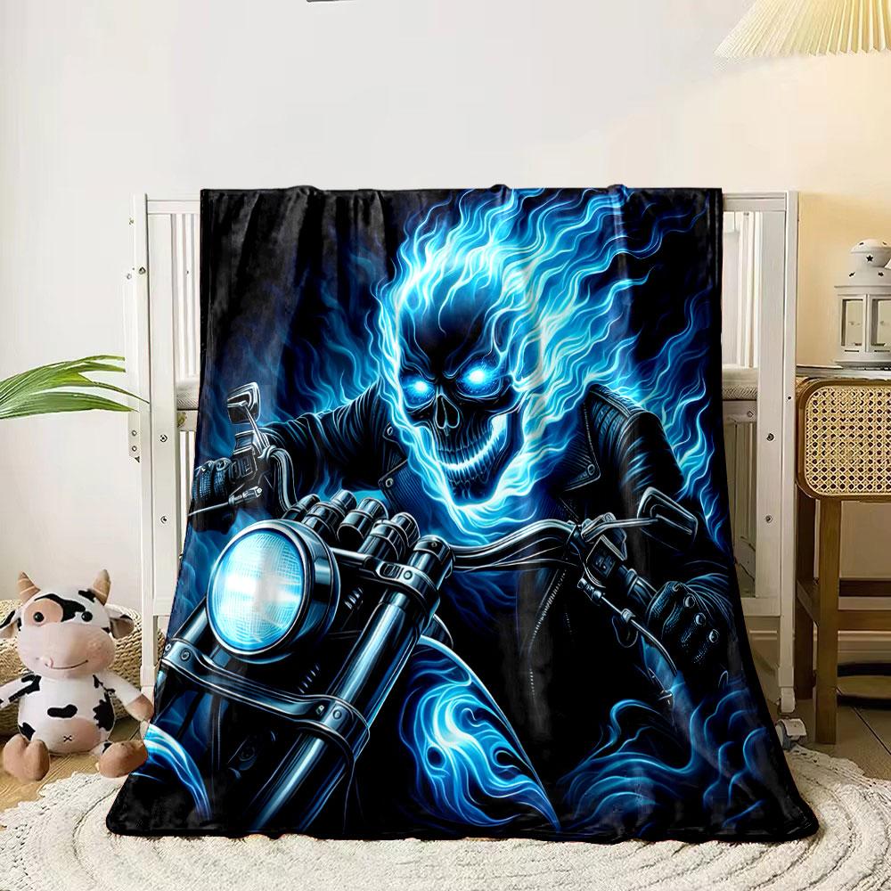 Flaming Skull Rider on Motorcycle print blanket soft and cozy perfect for the living room bed sofa or a nap,gift