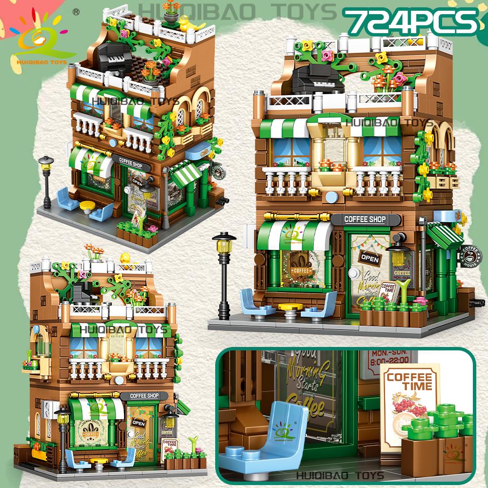 Non-Toxic City Street View Supermarket Coffee Burger Shop Hotel Model Building Blocks Diy Architecture Bricks Toys Adult Gift