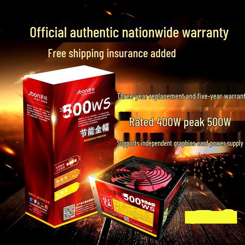 Jazper 500W Silent Power Supply with Surge Protection, Moisture-Proof Design, & Support for 8-Core Graphics Cards.