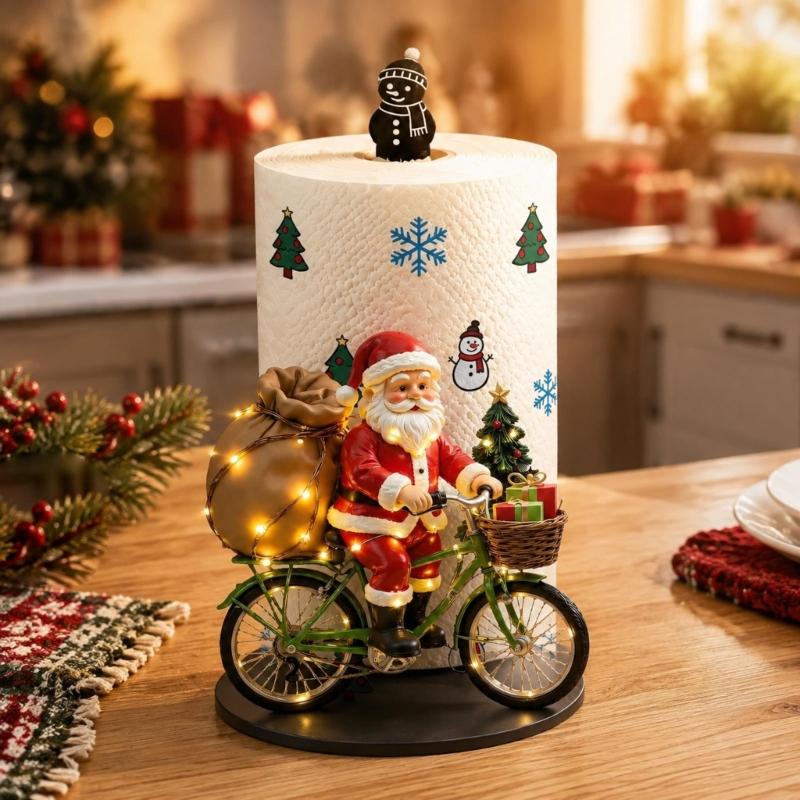 Clear Acrylic Santa Riding a Bike Paper Towel Stand, Integrated No-Assembly Construction with Colorful Christmas Artwork for Dining Tables and Party