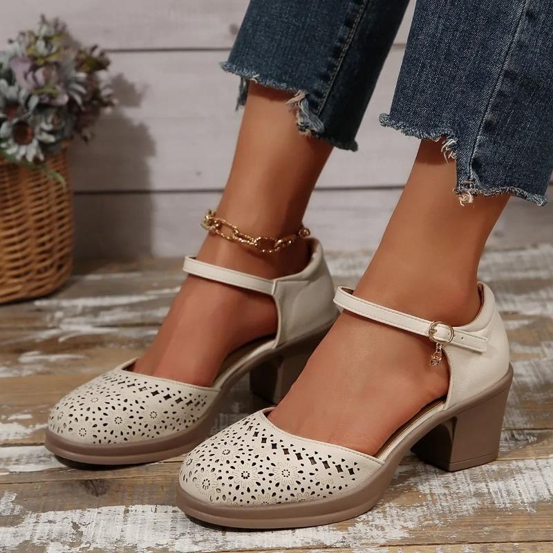 Retro Versatile Women's Sandals Open Toe Hollow out Mid Heel Mom Shoes Buckle Single Shoes Comfortable Rubber Sole Footwear