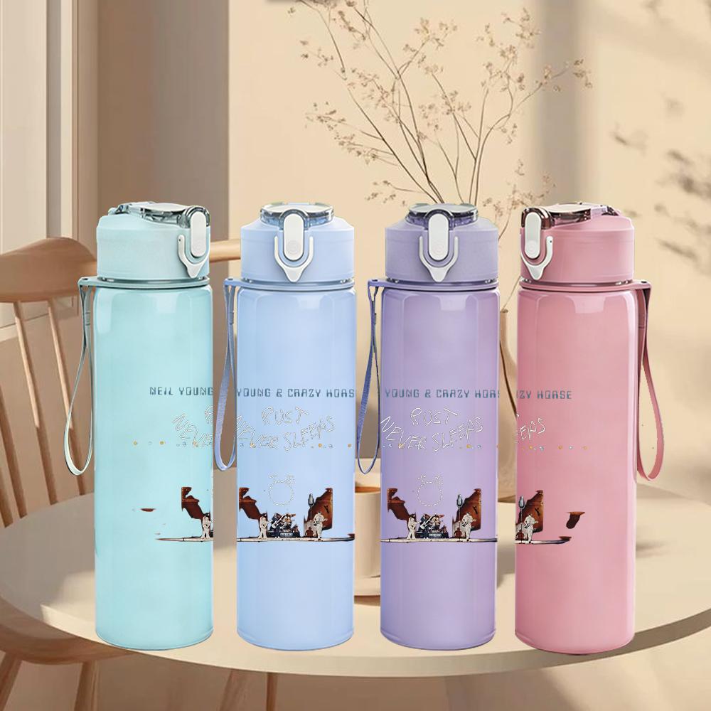 1PC Faint light blue faded band text sketch print 750ml colorful plastic sports water bottle leakproof pop up lid with straw for outdoor work home use