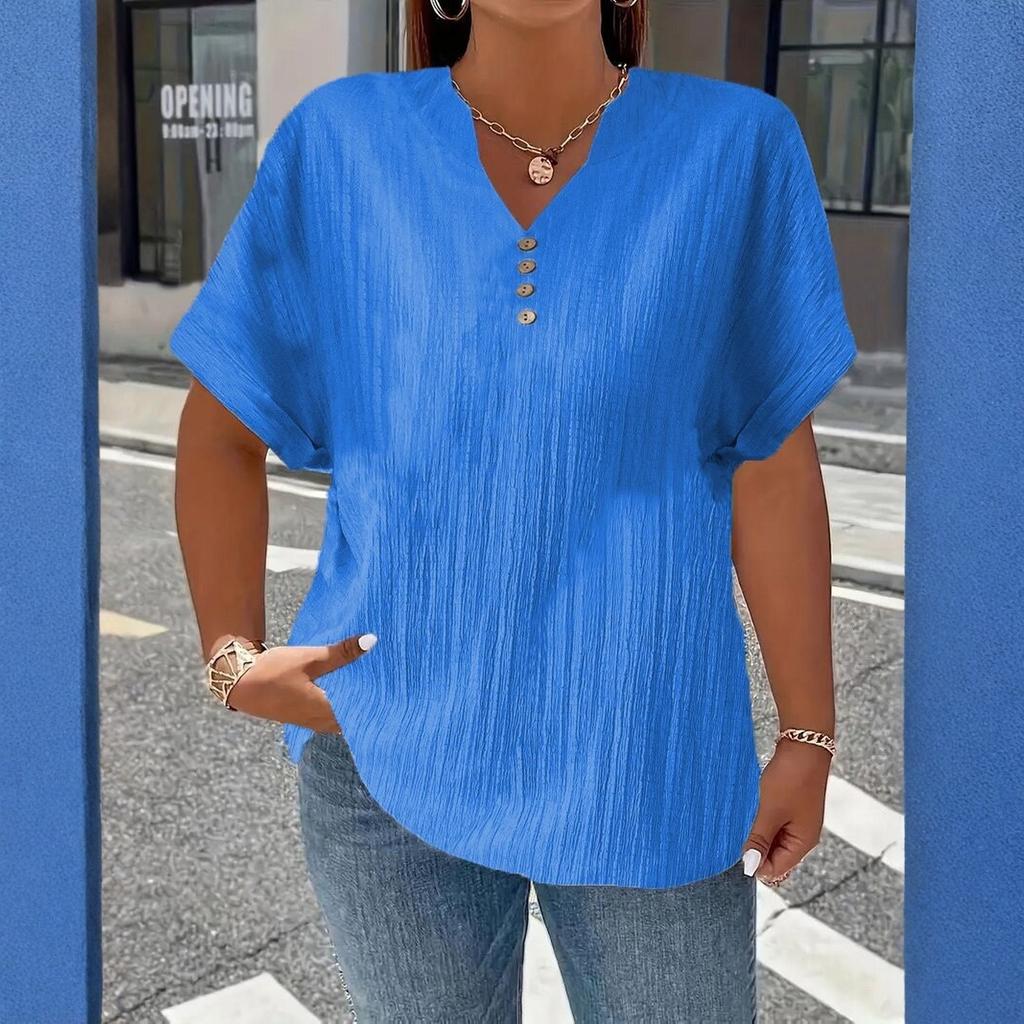 Women’s Short Sleeve V Neck Blouse with Button Loose Fit Tunic Top for Casual Daily Wear