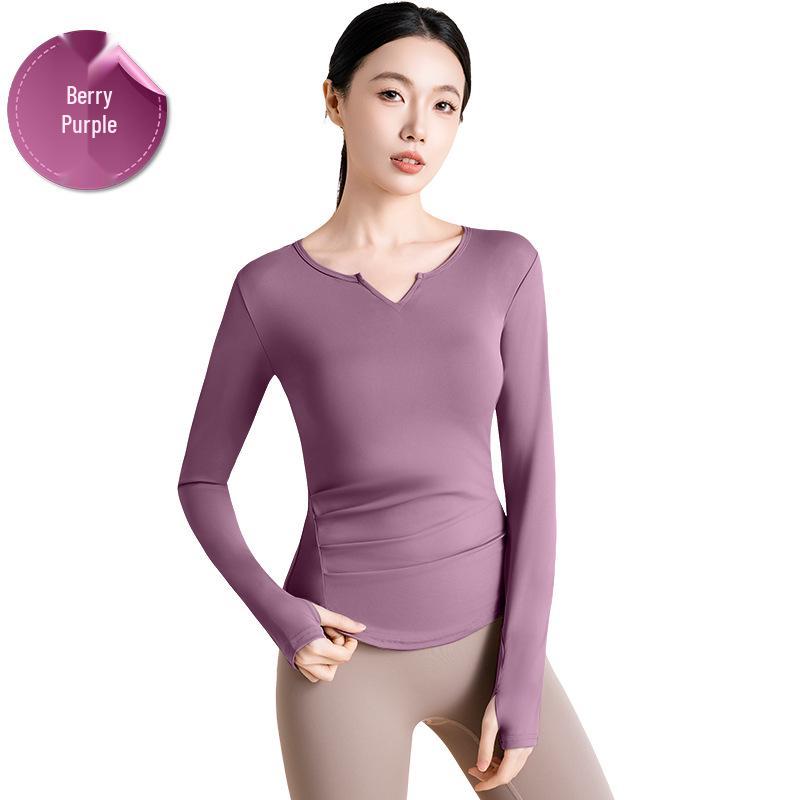 

Женская футболка для йоги с длинным рукавом и V-образным вырезом - Однотонный топ для бега и фитнеса на весну/осень Large