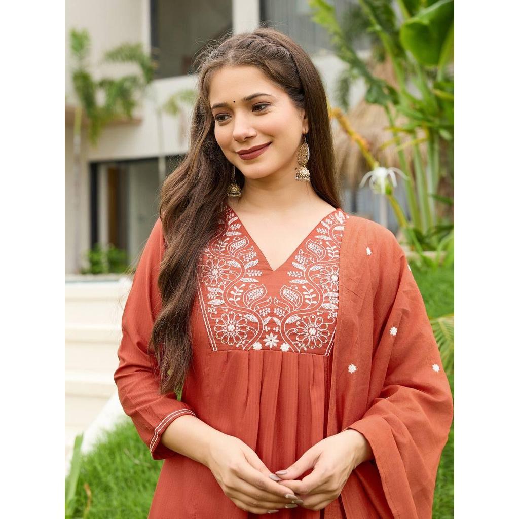 Women's Rayon Embroidered Flared Kurta with Pant And Dupatta Sets
