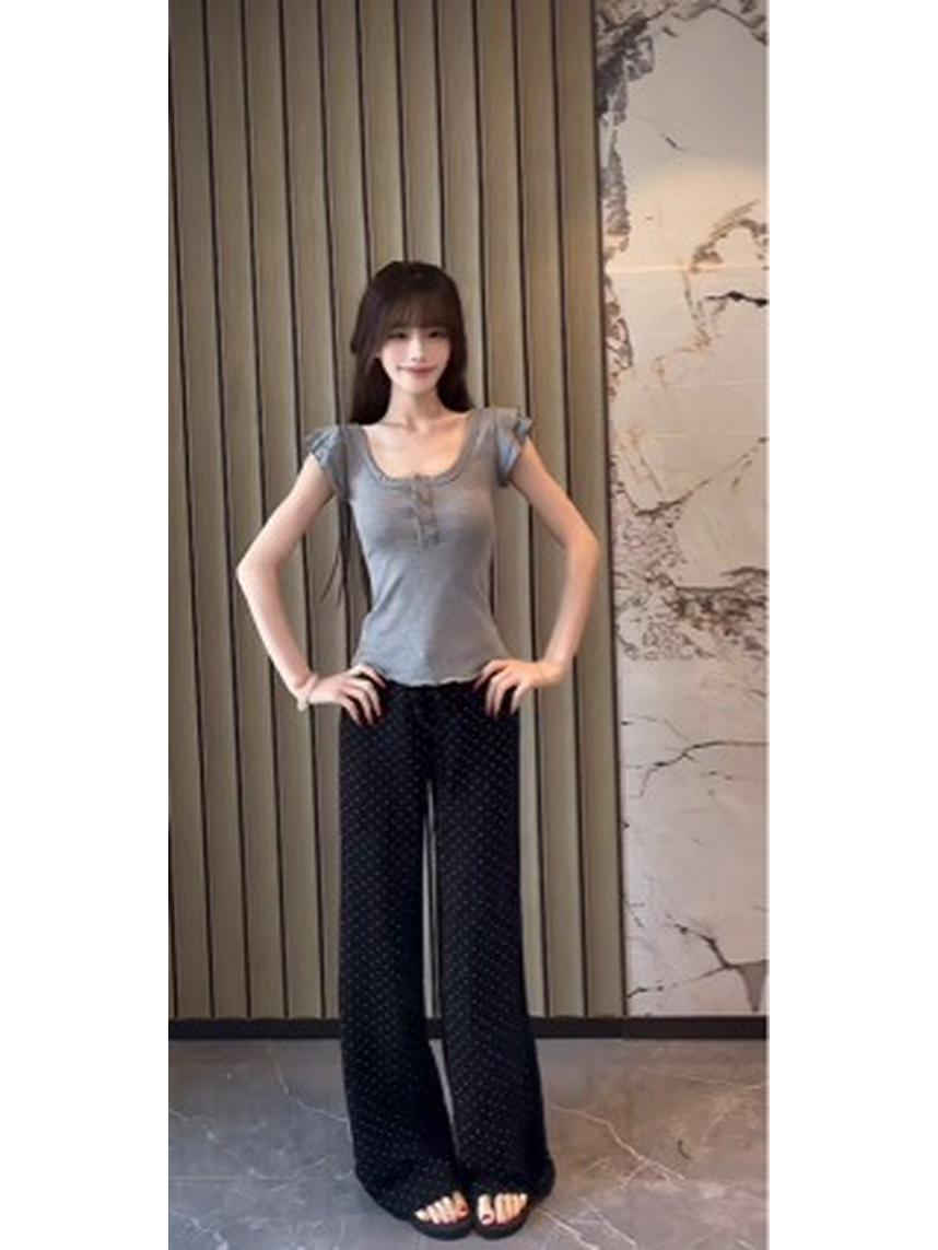Korean Elegant Polka Dot High Waist Wide Leg Pants - Women s Summer Fashion 2026 Large темно-синий