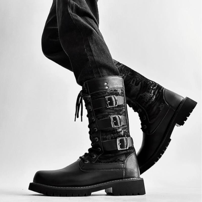 Herren High-Top Stiefel Mode Street Rock Punk Stiefel Motorradstiefel für Herren Schnürstiefel mit Plateau Mid-Calf Lässige Lederstiefel