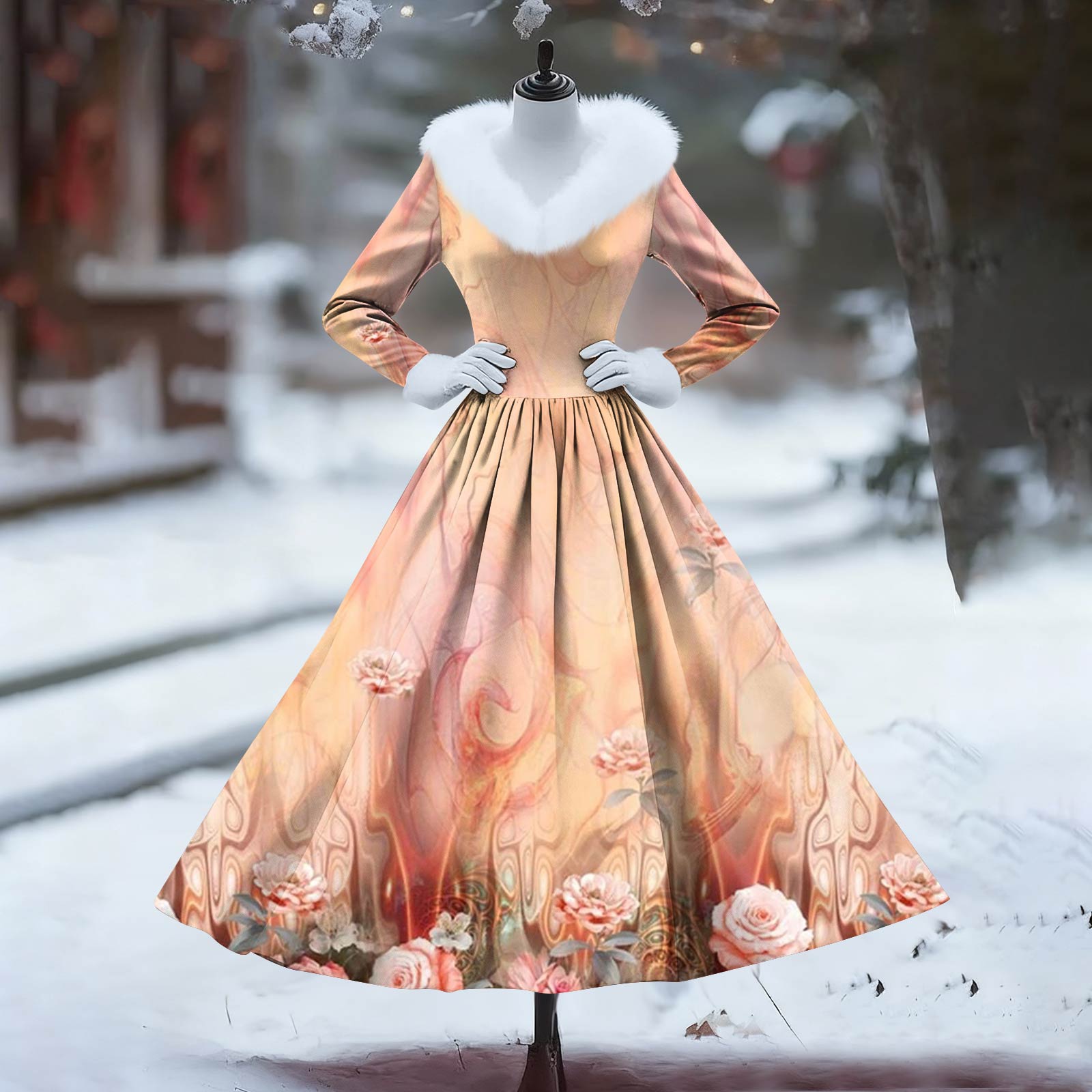 

Женское повседневное платье с длинным рукавом, V-образным вырезом, лоскутным флисом и рождественским принтом XXL оранжевый