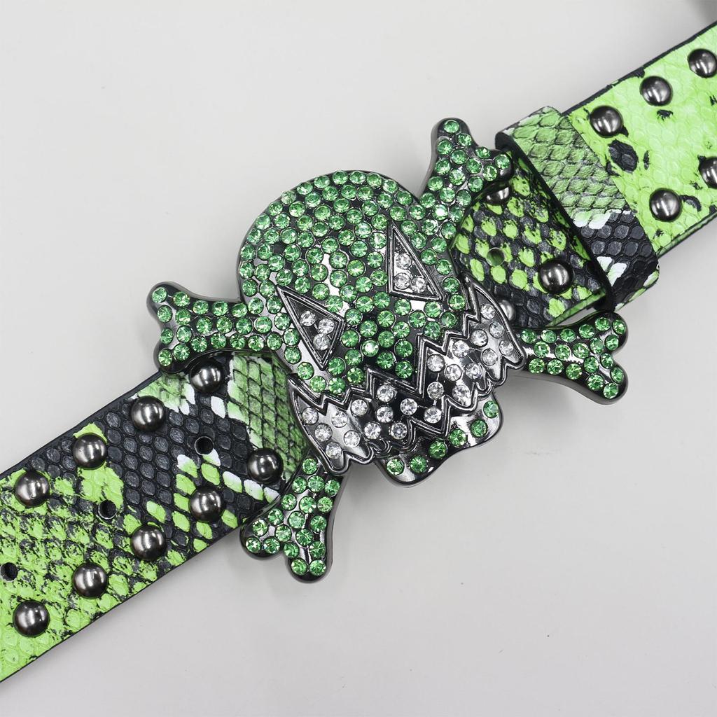 Unisex Y2K Rhinestone Skull Punk Belt with Rivet and Python Skin Design