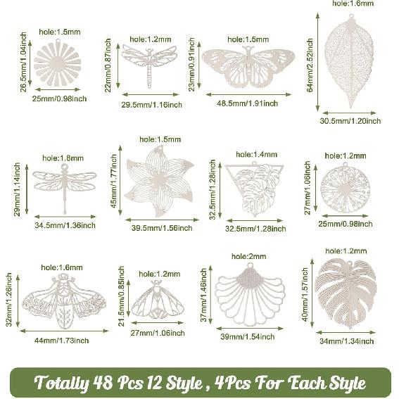 Rainbow Thin Filigree Charms Stainless Steel Teardrop Heart Pendants Metal Flower Leaf Butterfly Charms Etched Metal Embellishments for Earrings