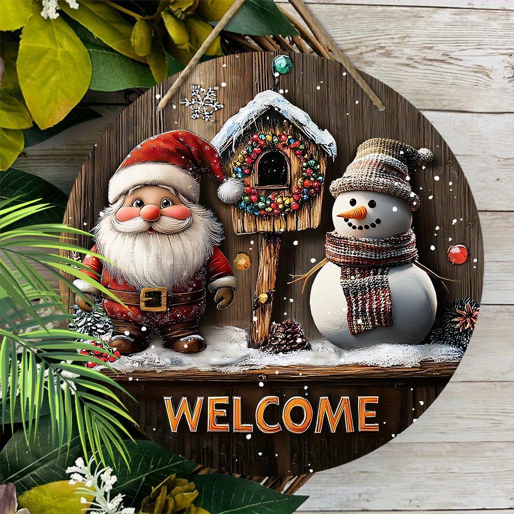 Cartello di Benvenuto in Legno di Natale con Babbo Natale e Pupazzo di Neve - Cartello Rotondo Navidad per Porta d'Ingresso, Decorazione da Appendere a Parete - Regalo di Natale Ideale