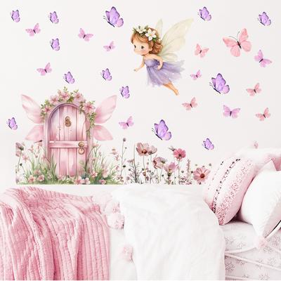 Cartoon Flower Fairy Butterfly Wall Sticker Self-Adhesive Removable Kids Room Bedroom Living Room Study Room Home Decor Art