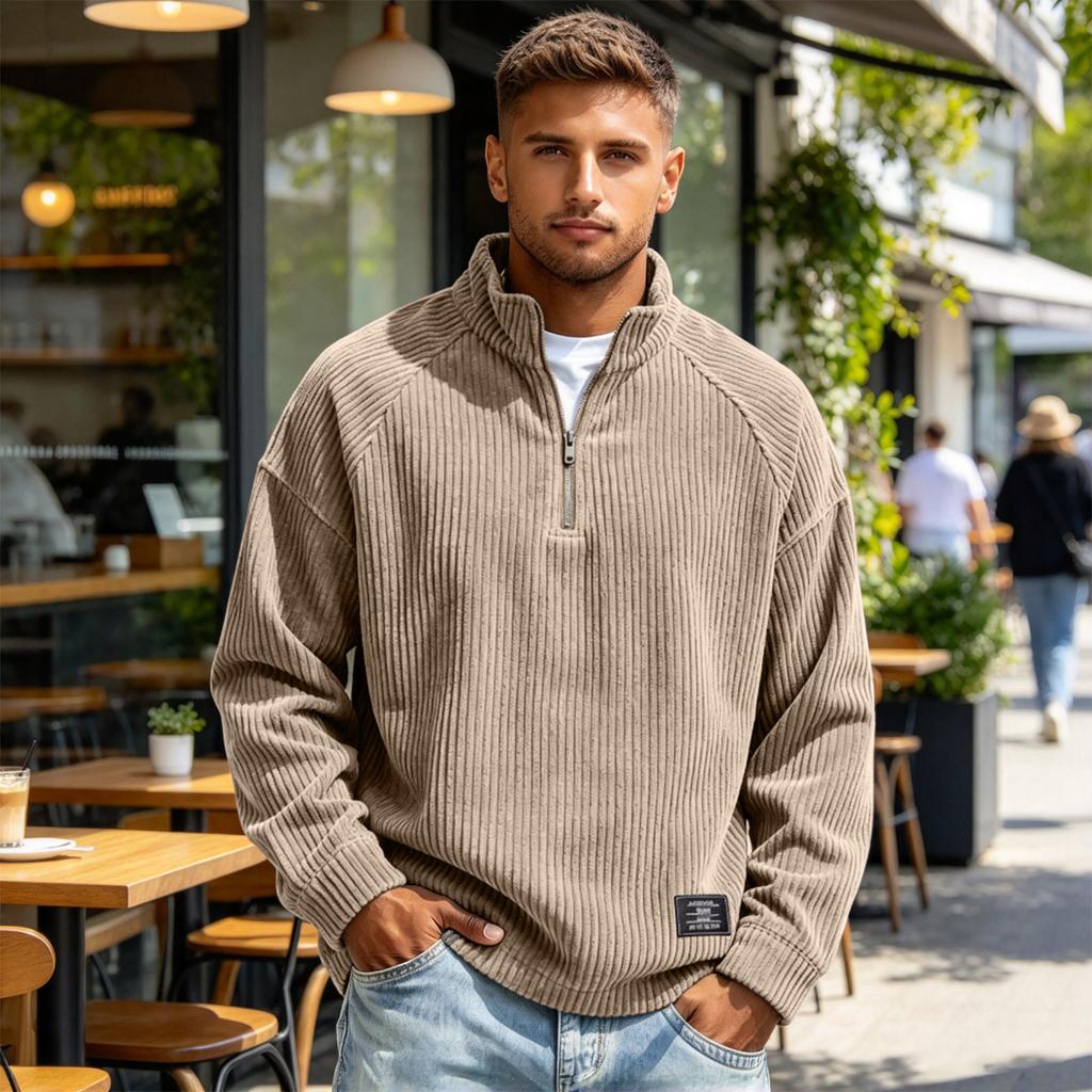 Men's Vintage Corduroy Zip-Up Sweatshirt with Raglan Sleeves Loose Fit