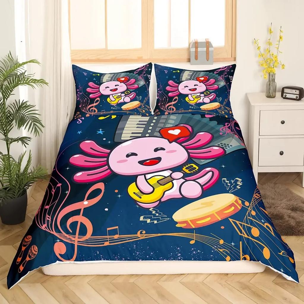 Comforter Cartoon Pink Axolotl Floral King Queen Kawaii Salamander Bedding Set 3D Animal Polyester Comforter