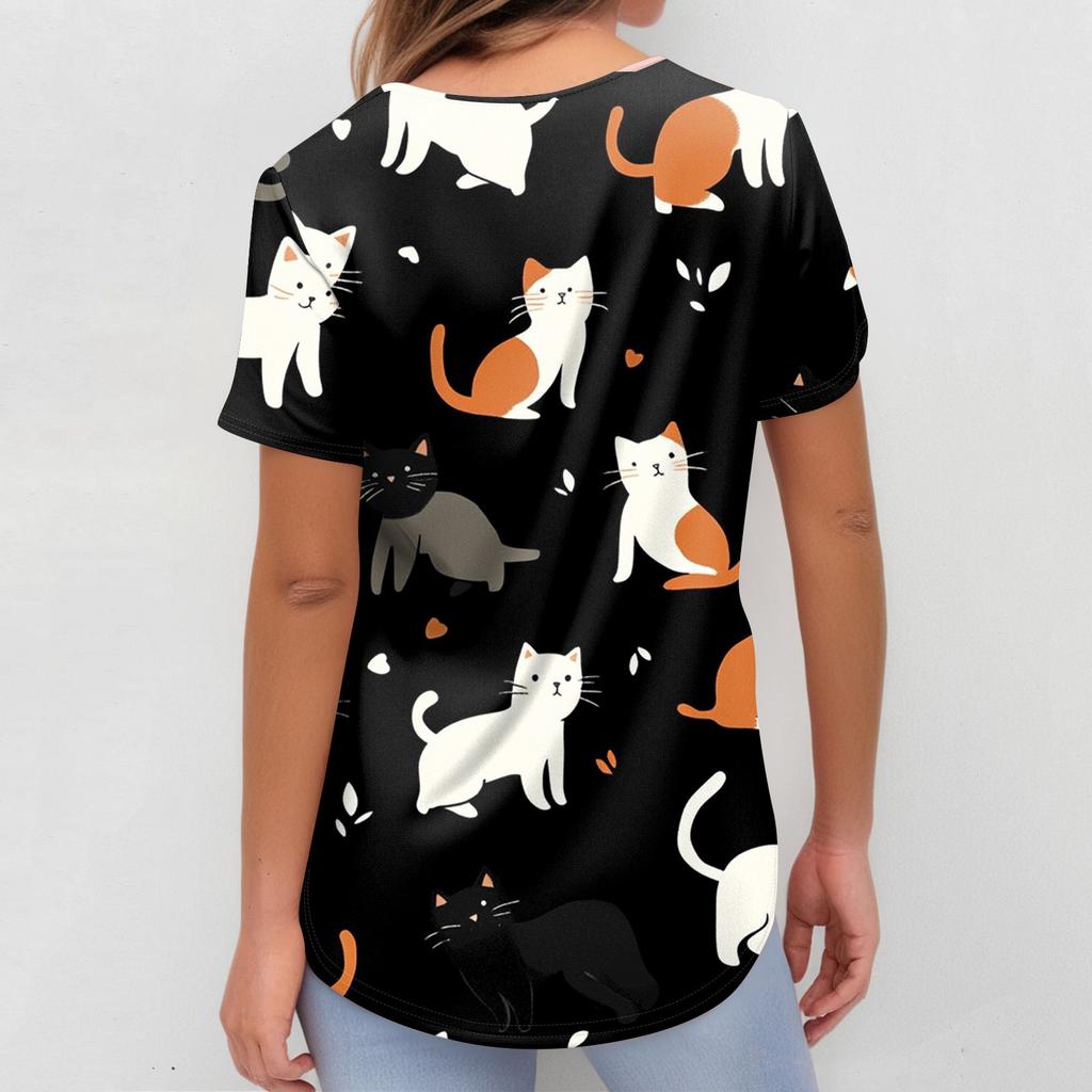 Women's Fashion Short Sleeve Cute Animal Printed V-Neck Pocket Workwear Tops