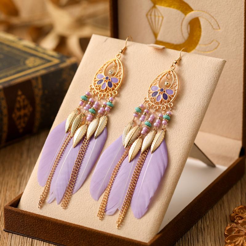 Fashion Vacation Style Bohemian Feather Earrings for Women Ethnic Long Chain Bead Leaf Dangle Earrings Party Daily Jewelry