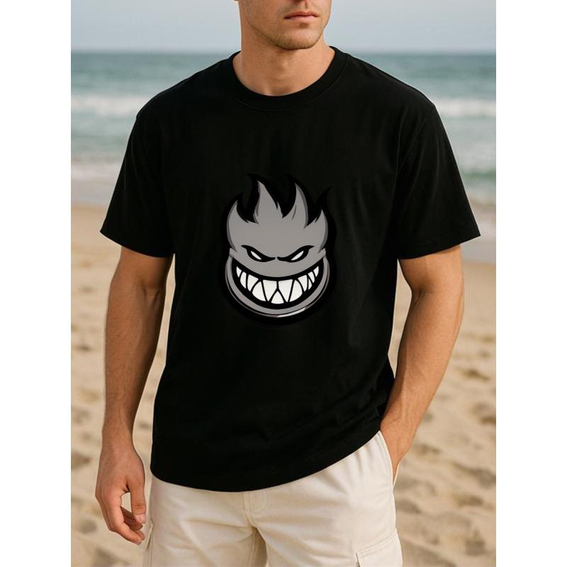

European Size Men s Gray Flame Evil Face T-Shirt - Edgy Dark Personality Print, Cotton Casual Short Sleeve Round Neck Tee with Flame & Mark 4XL чорний