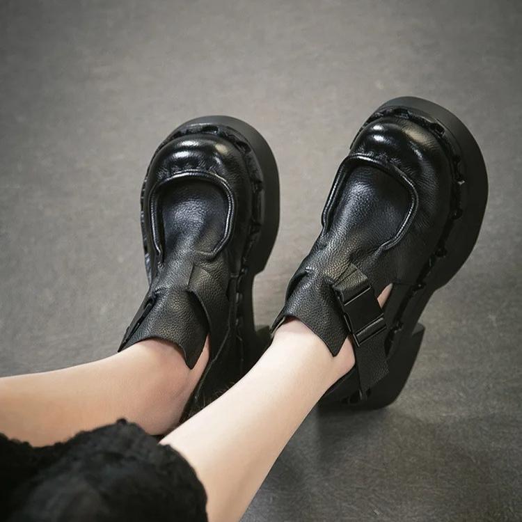 Johnature Commuter Retro Thick Soled High Heels Pumps Versatile Genuine Leather Women's Platform Shoes