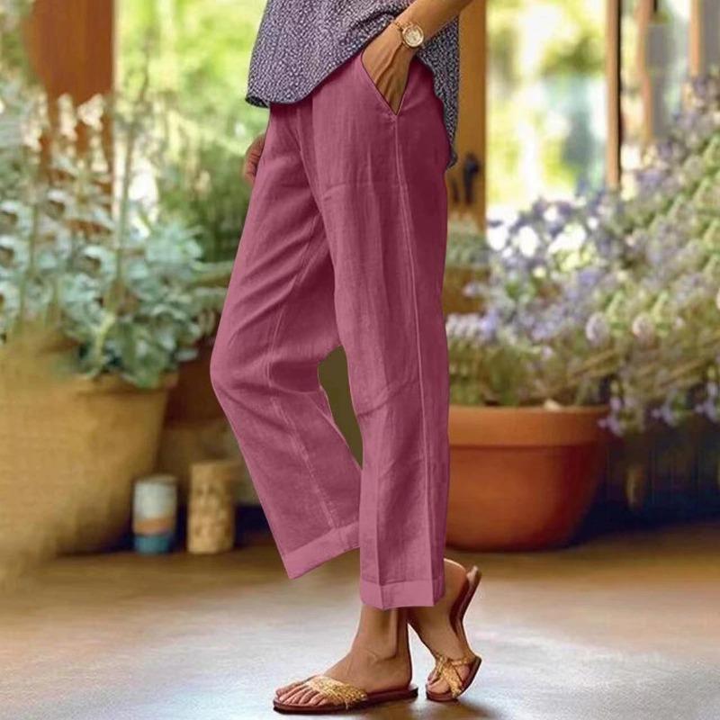 Women's Casual Pants Cotton and Linen Blend Elastic Waist Pocket Fashion Simple Slit Button Basic Versatile Straight Leg Pants