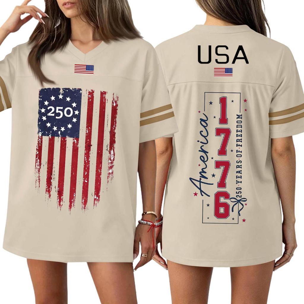 Women's Casual Fashion V-Neck Sports Independence Day Print Short Sleeve Sports T-Shirt Top