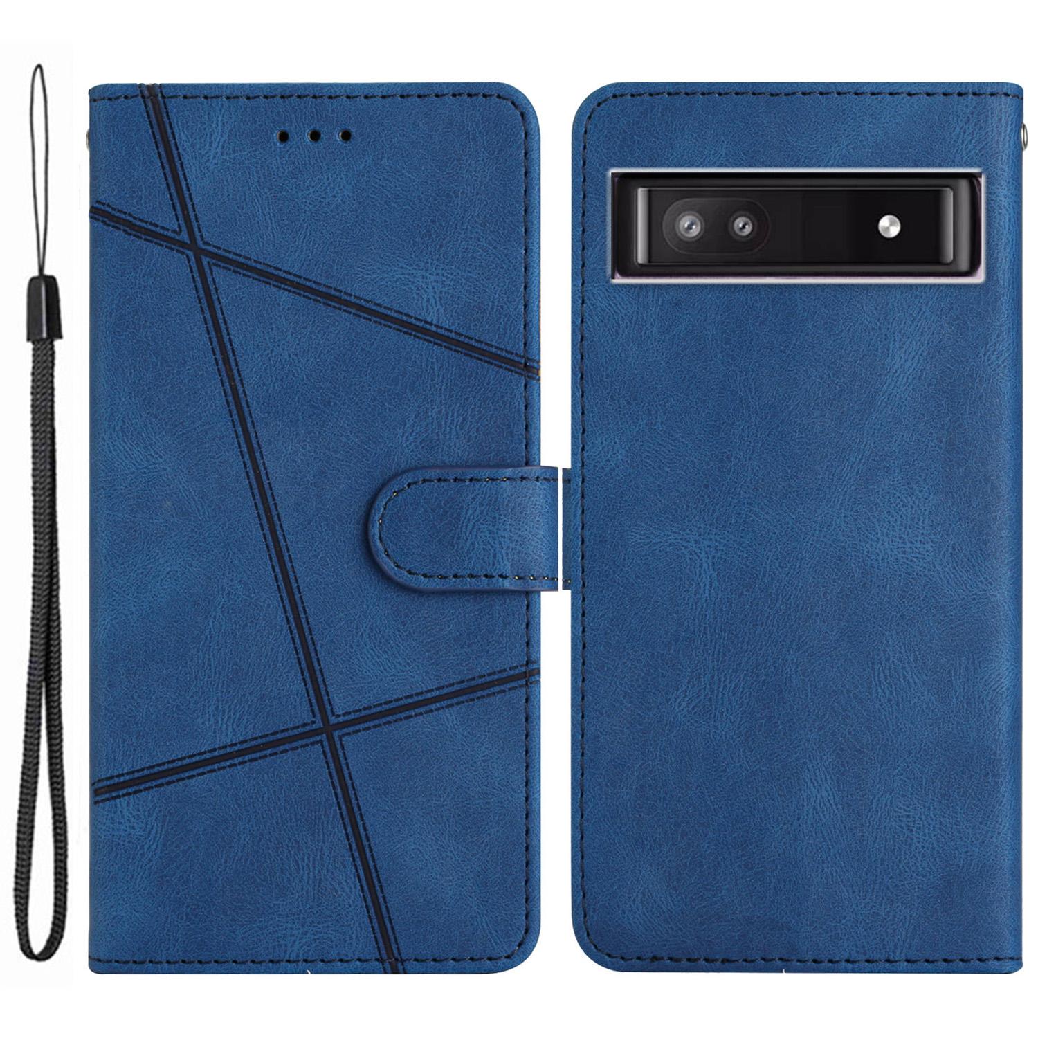 

For Google Pixel 7a Imprinted Lines Leather Wallet Cover Crazy Horse Texture Phone Stand Case with Strap Blue