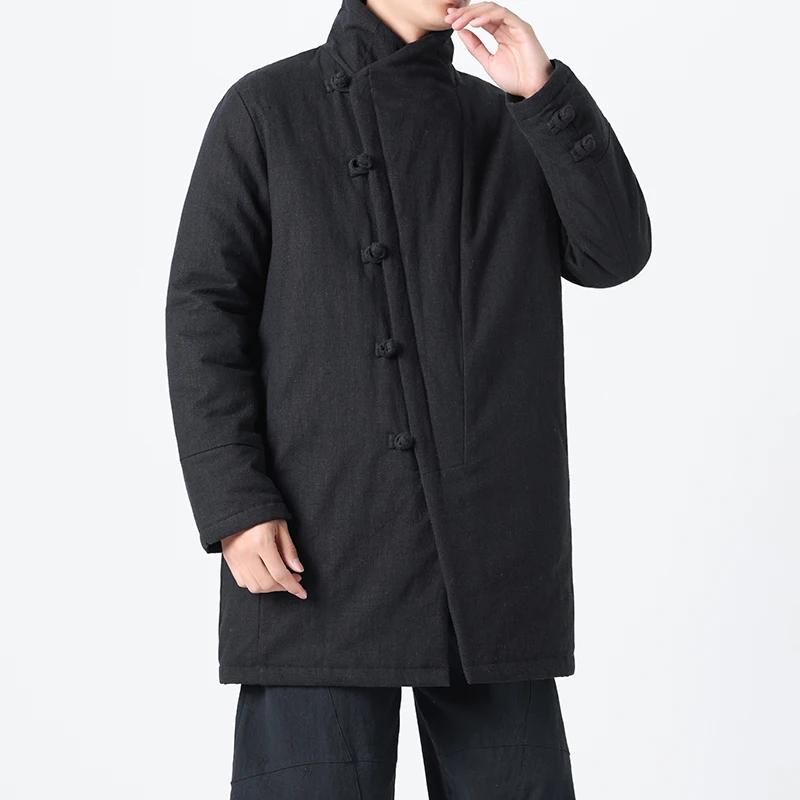 

2025 Высокое Качество Зимние Мужские Парки в Китайском Стиле Мужские Винтажные Теплые Куртки с Хлопковой Подкладкой Мужские Однотонные Пальто Мужские Парки Ханфу XL