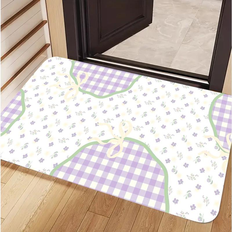 Pastoral Purple Floral Gingham Door Mat Cute Lavender Floral Plaid Print Non-Slip Entryway Rug Sweet Boho Bow Themed Floor Mat