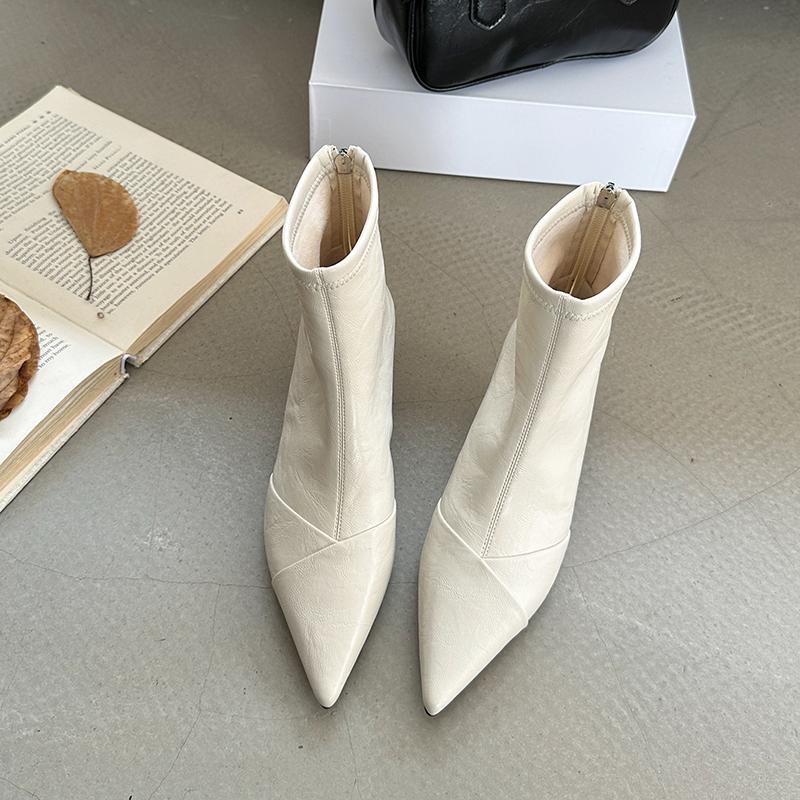 

Модная осенняя обувь из мягкой кожи с острым носком и ботильоны до щиколотки для женщин, модные ботинки на молнии и толстом каблуке, уличный стиль, современные короткие ботильоны для женщин 35 бежевый