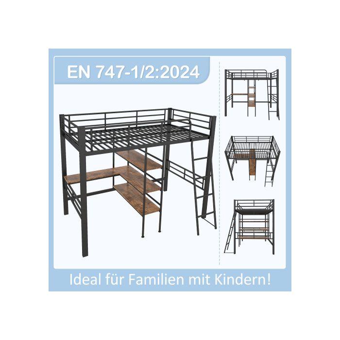 Lit mezzanine - MUVOE - 90x200cm - Noir - Avec bureau - Échelle sécurisée