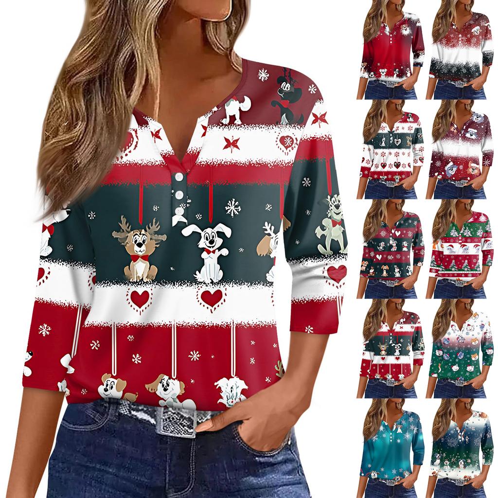 Women's T Shirt Tee Christmas Printed Button 3/4 Sleeve Tunic Daily Weekend Fashion Basic V- Neck Regular Top
