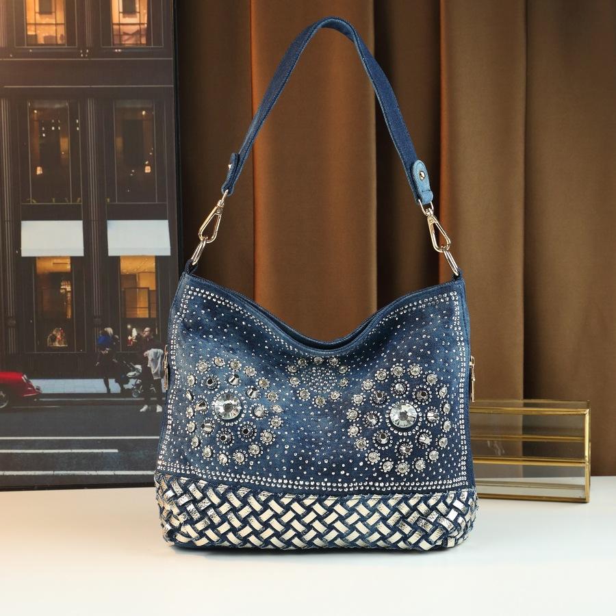 

Women S Fashionable And Elegant Diamond Jewelry Half-Moon Bag Temperament Gorgeous Celebrity Denim Shoulder Bag темно-синий