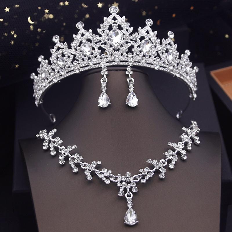 Princess Crown Bridal Jewelry Sets for Girls Blue Tiaras Choker Necklace Sets Bride Wedding Dress Prom Jewelry Accessories