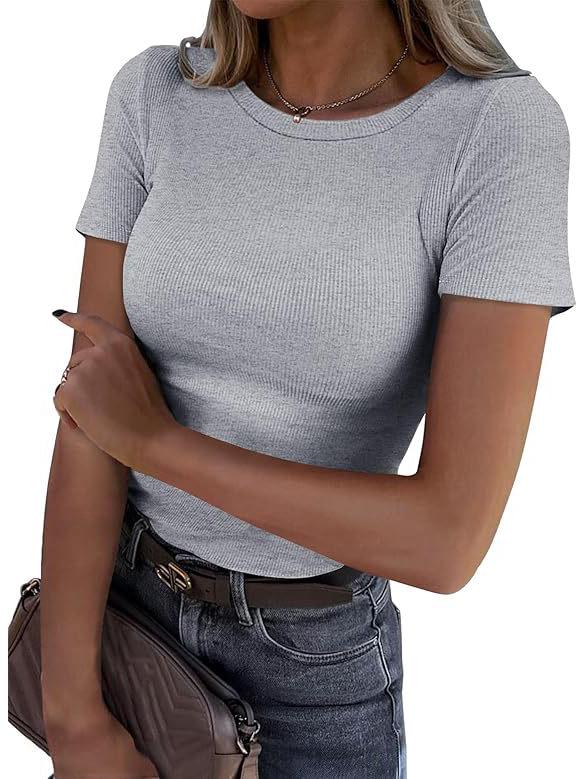 Women's Summer Ribbed Short Sleeve Stretchy Slim Fit Round Neck T-shirt