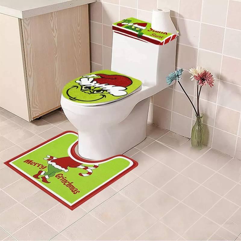 Set Decorazioni Bagno Natale Copriwater e Tappetino Verde Festivo del Grinch