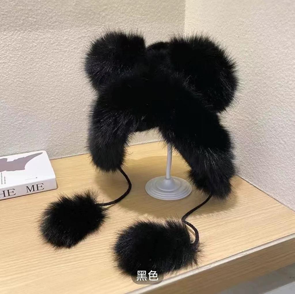 New Plush Cute Little Bear Ear Hat Fox Fur Hat Thickened Ear Protection Snow Hat Women's Plush Little Bear Hat Fashion Versatile