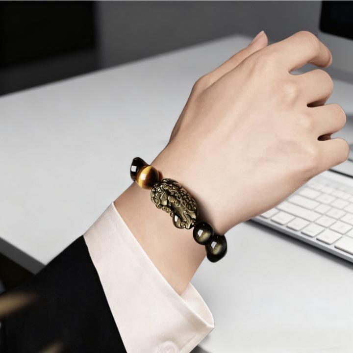 Gold Obsidian Pixiu Men's Bracelet - Year of the Horse Wealth Charm & Gift for Bestie/Boyfriend