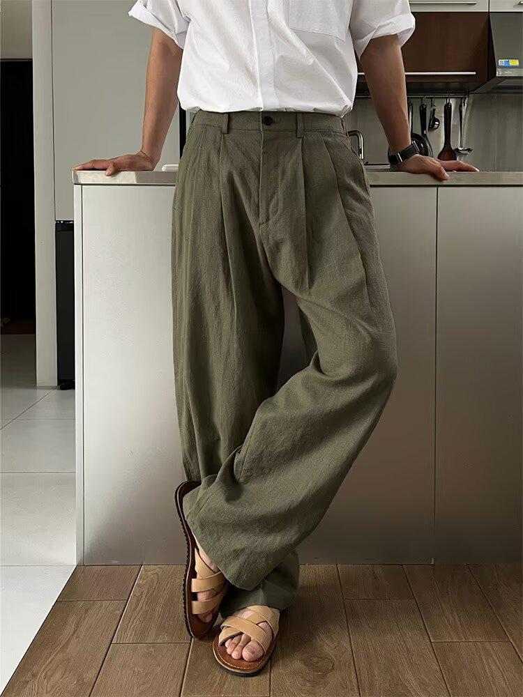 Temperament high-grade light-cooked hemp-blend double-pinch pleated summer semi-elastic waist straight-leg pants for men