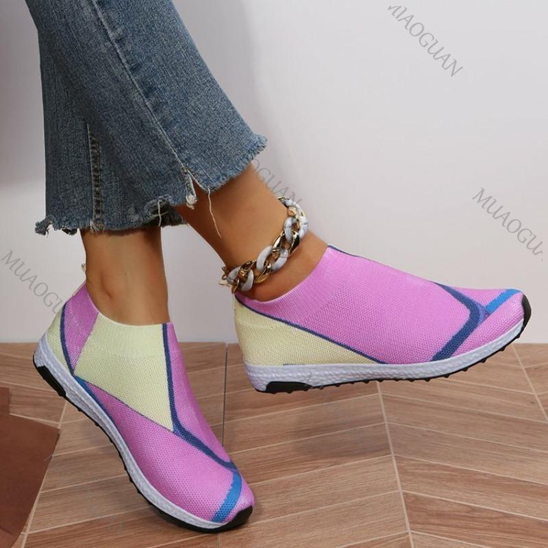 Fashion Autumn New Women's Mesh Sneakers Color Block Casual Breathable Lightweight Flats Soft Sole Elastic Slip on Vulcanize Shoes