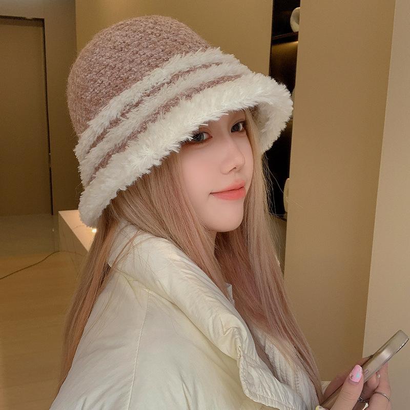 Autumn and Winter Thick Warm Bucket Hat Retro Versatile Face Small Bucket Hat Big Brim Plush Around the Basin Hat