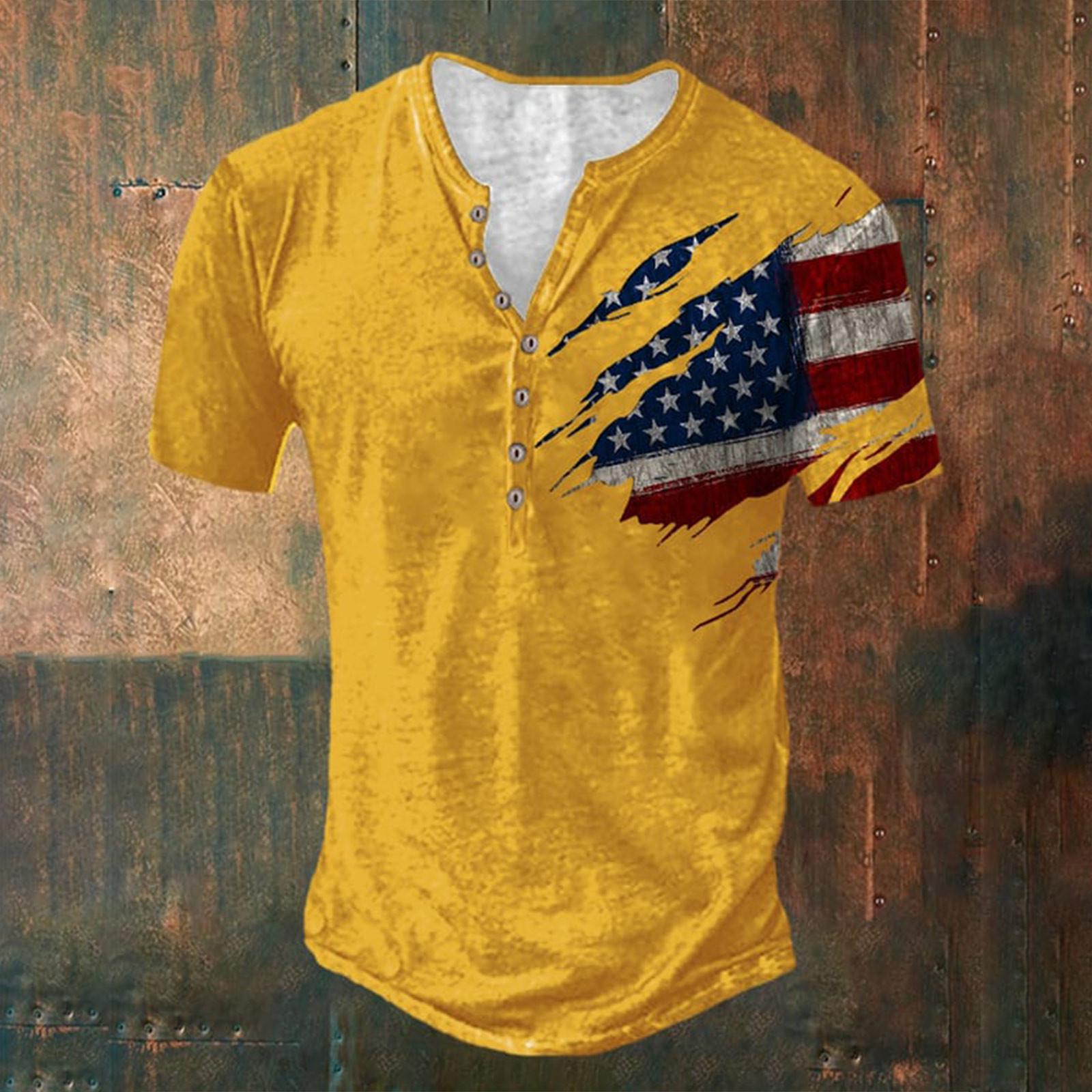 

Men Henley Neck Short Sleeve T Shirt Button Front Casual Fit Distressed Flag Print Soft Lightweight Top XXXL жёлтый