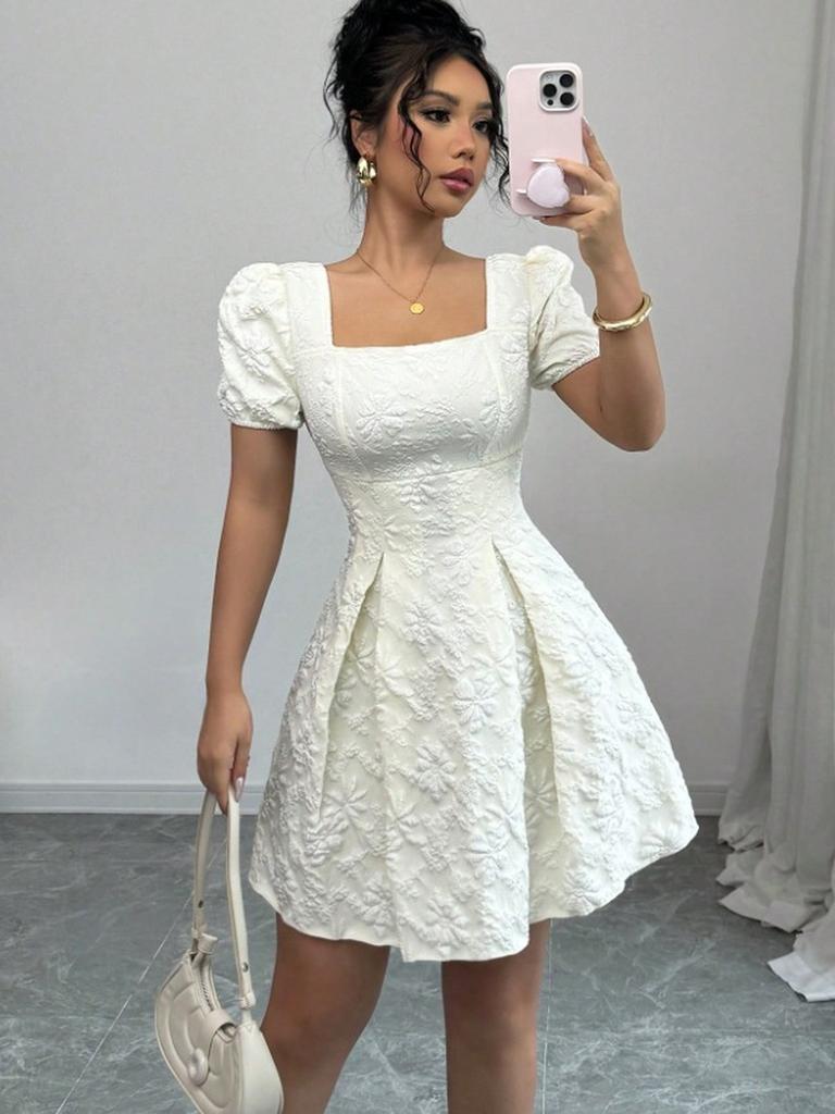 Summer Slim Fit Women's Elegant Lace Solid Color Bubble Sleeve Square Neck A-Line Dress